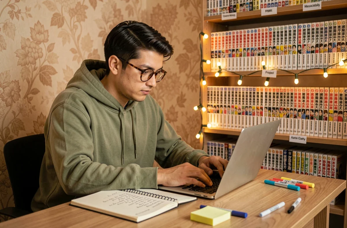Personne portant des lunettes cataloguant sa collection de mangas sur ordinateur avec un carnet de notes et des post-its colorés