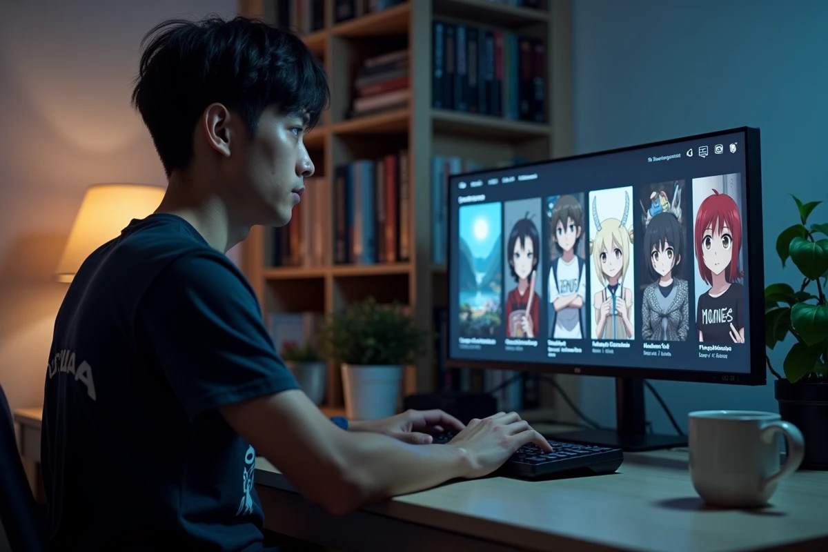 Jeune homme parcourant un catalogue d'animes en VF sur une plateforme de streaming depuis son bureau à domicile