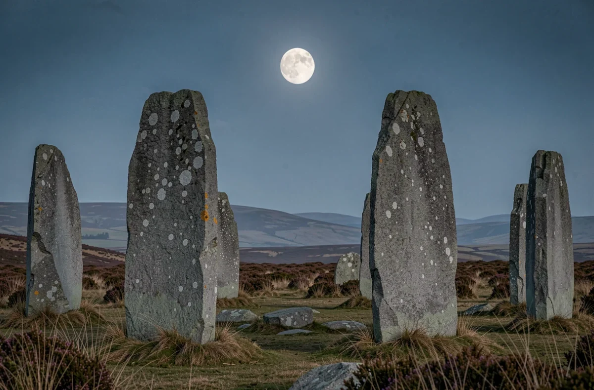 Cercle mégalithique en pierre sous une pleine lune dans un ciel bleu nocturne, lande sauvage en arrière-plan évoquant les mystères ancestraux