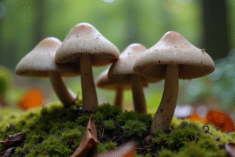 Champignons chanterelle gris dans la forêt sur mousse humide
