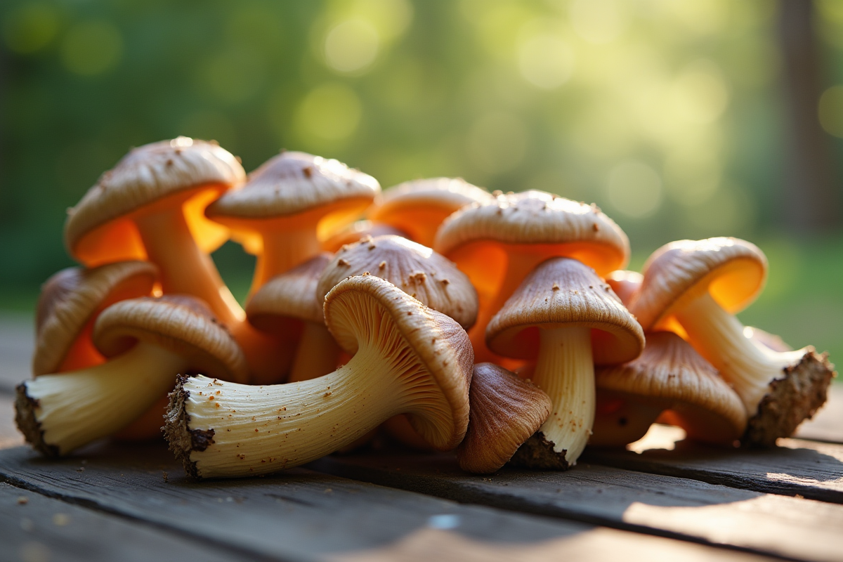 Chanterelles fraîches sur une table en bois sous lumière du matin