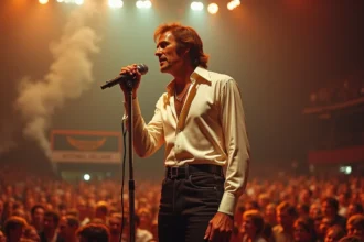 Chanteur américain des années 70 en performance sur scène dans une grande salle de concert avec public en arrière-plan