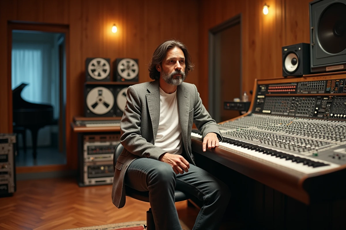 Artiste américain des années 80 en studio d'enregistrement vintage devant une console de mixage professionnelle