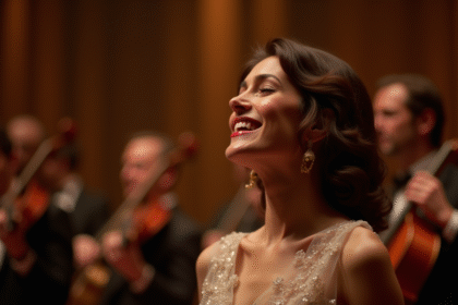 Chanteuse française des années 70 en scène avec orchestre