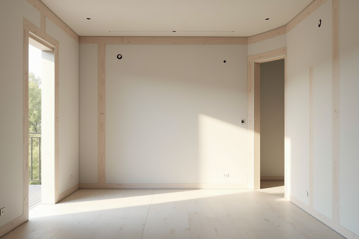 Salle moderne avec murs en plâtre en cours de finition et joints tapés
