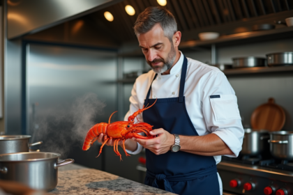 Chef en cuisine avec homard rouge frais dans une cuisine professionnelle
