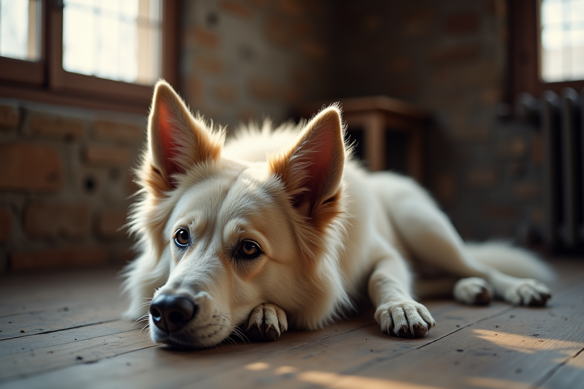 Chien belge blanc âgé allongé près d
