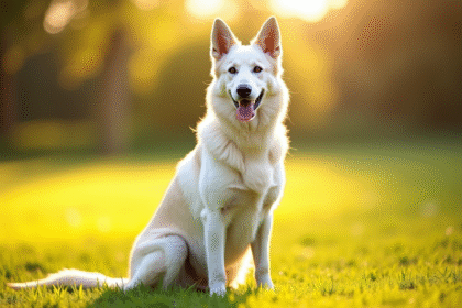Chien belge blanc assis dans un champ ensoleille