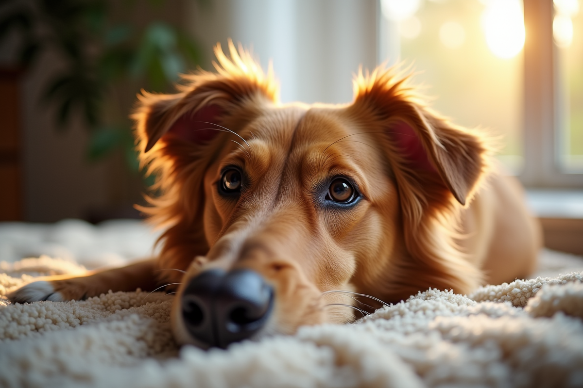 Chienne adulte au pelage doux allongée sur un plaid intérieur