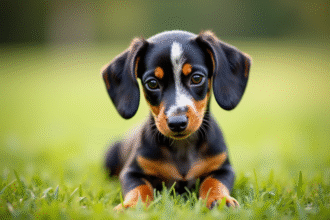 Miniature dachshund dapple assis dans l'herbe en plein jour
