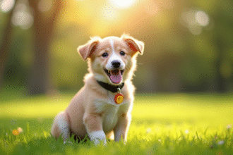 Chiot femelle adorable avec collier dans un parc ensoleille