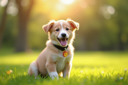 Chiot femelle adorable avec collier dans un parc ensoleille