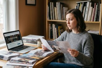 Jeune femme comparant des brochures de programmes d'écoles artistiques à son bureau à domicile