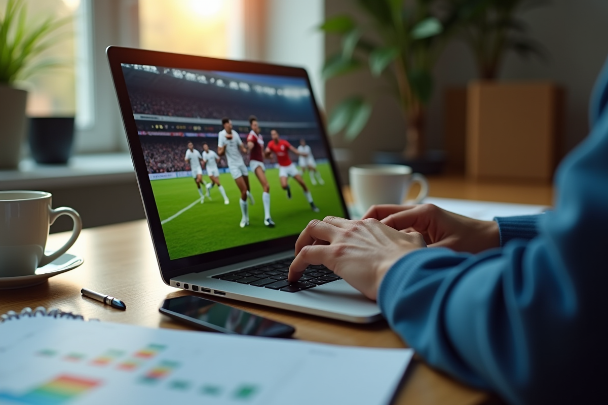 Mains tapant sur un clavier avec un match de rugby à l