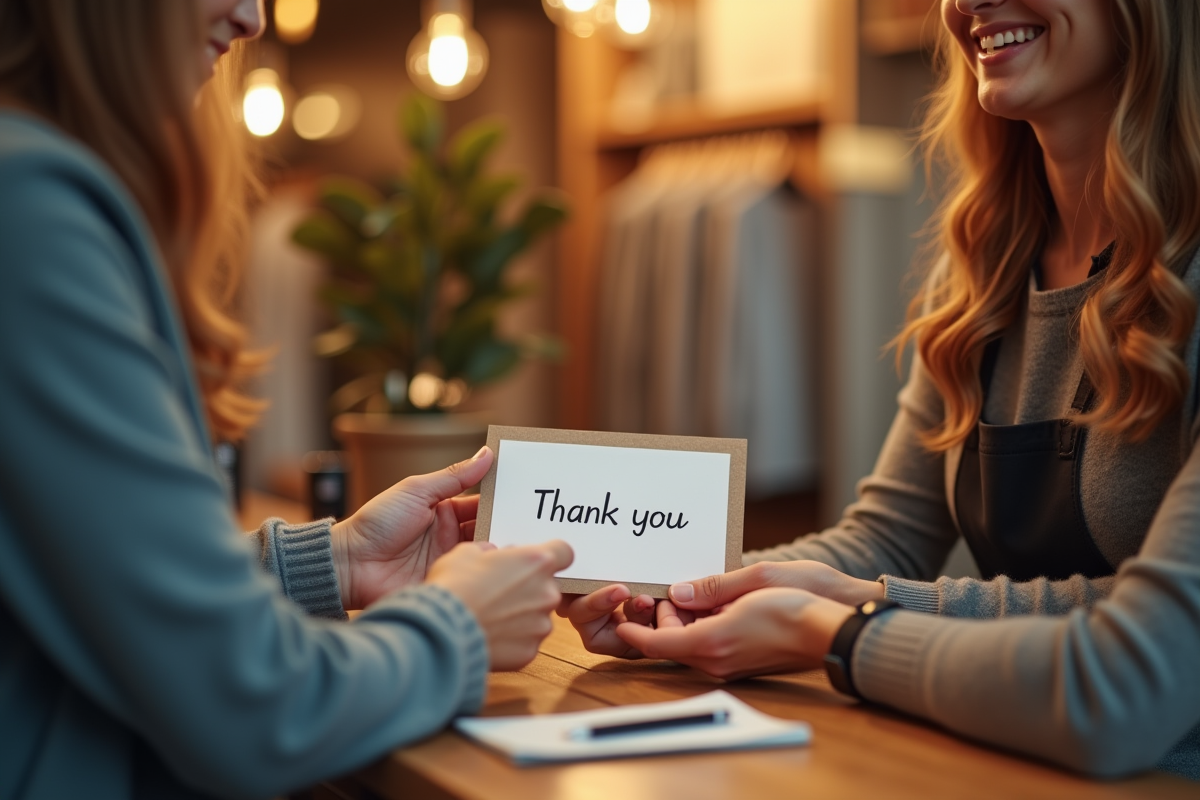 Client recevant une note de remerciement dans une boutique chaleureuse