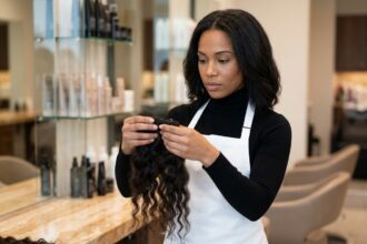 Coiffeuse professionnelle examinant des extensions de cheveux naturels dans un salon haut de gamme