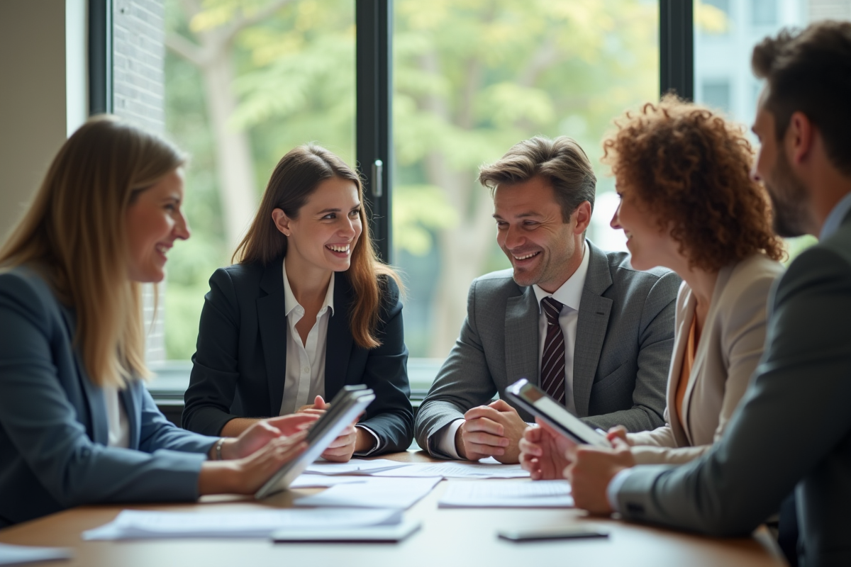 Professionnels collaborant dans une salle lumineuse et vitrée