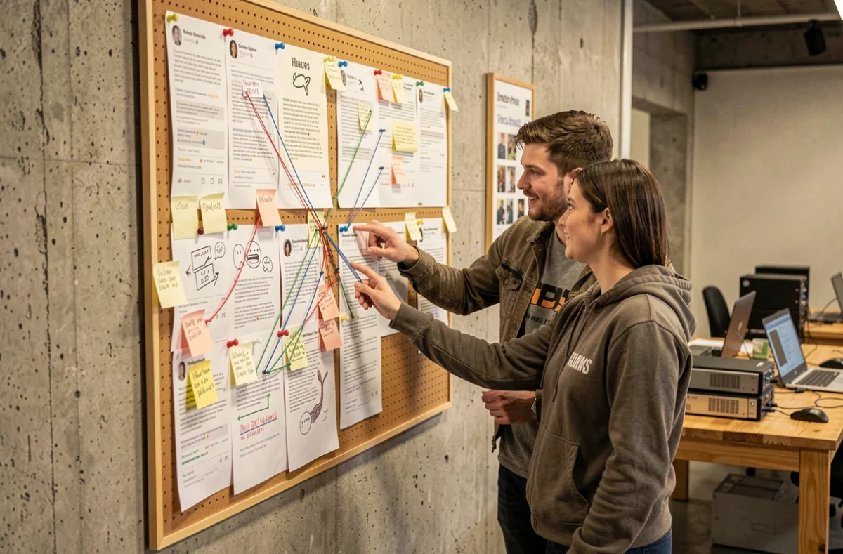 Deux jeunes adultes collaborant autour d'un tableau de référencement des archives du forum 18-25 dans un espace de travail partagé