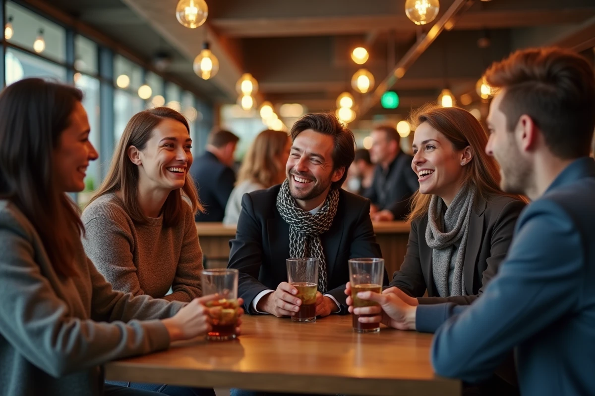 Collègues hilares partageant des blagues autour de verres lors d'un after-work dans un bar moderne