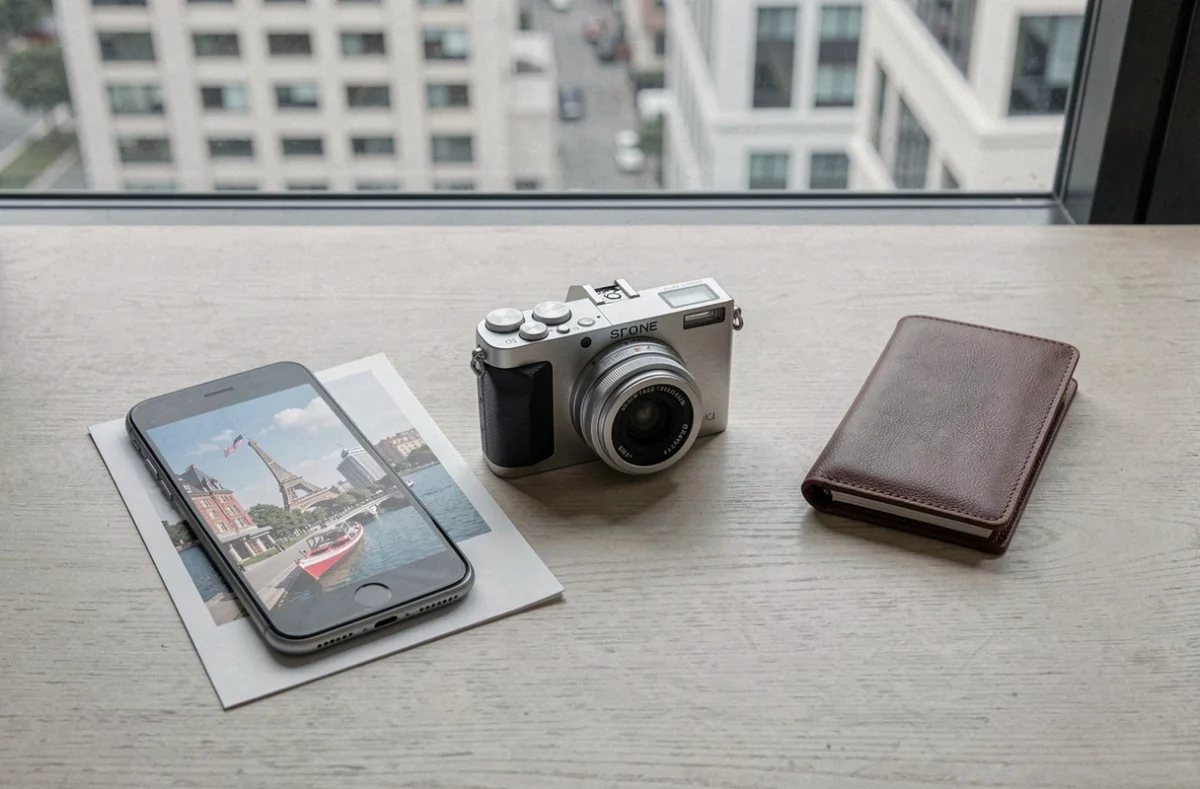 Comparaison éditoriale d'un appareil photo compact avec un smartphone sur un bureau minimaliste moderne
