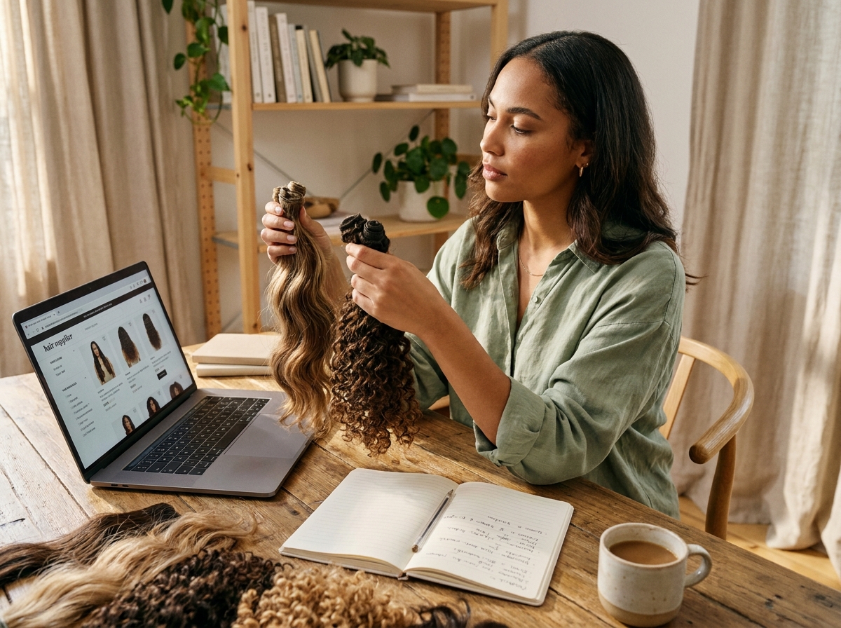 Femme comparant des échantillons d'extensions de cheveux naturels avant achat à domicile