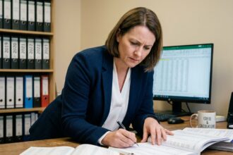 Comptable féminine révisant des documents financiers à son bureau en préparation d'un contrôle fiscal