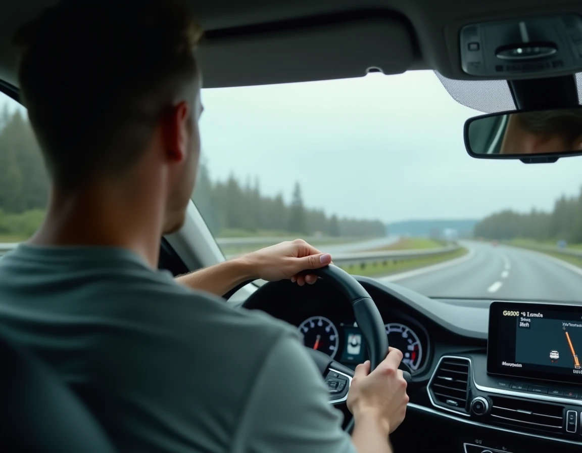 Conducteur en voiture consultant un GPS affichant la vitesse en km/h sur une autoroute européenne