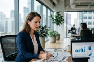 Conseillère en investissement immobilier analysant les produits Epsicap REIM dans un bureau moderne