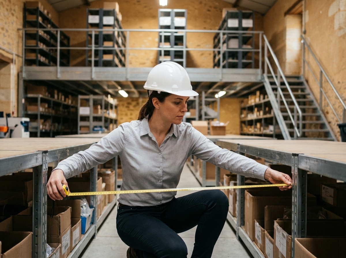 Consultante en logistique mesurant la largeur d'une allée dans un entrepôt compact du sud-ouest de la France