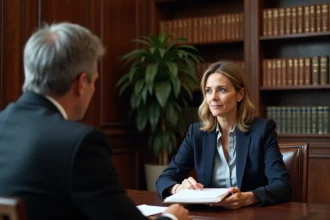 Une femme consultant un avocat dans un cabinet juridique traditionnel, cherchant des conseils juridiques personnalisés