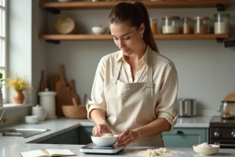 Femme convertissant des livres en kilogrammes sur une balance numérique de cuisine avec un carnet de recettes ouvert