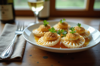 Coquilles SaintJacques à la normande servies dans des coquilles