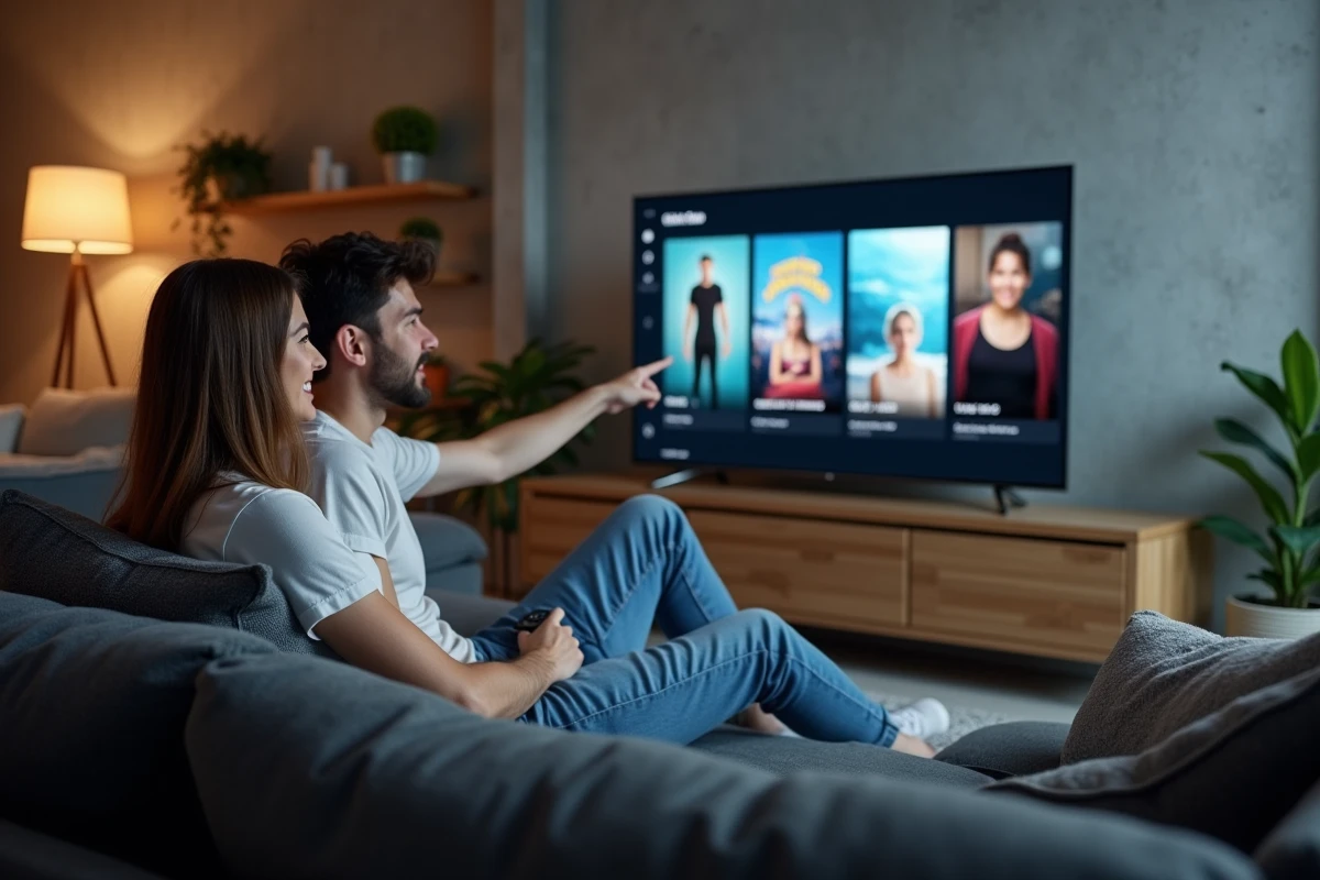 Couple regardant un catalogue de films sur une télévision dans un appartement moderne et minimaliste