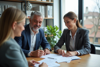 Couple d'adultes discutant avec un conseiller financier dans un bureau moderne