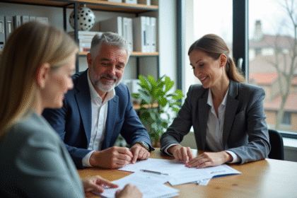 Couple d'adultes discutant avec un conseiller financier dans un bureau moderne