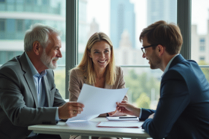 Couple discutant de finances avec conseiller dans un bureau lumineux
