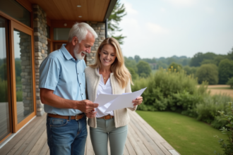 Couple d'âge moyen sur terrasse en été avec résidence moderne