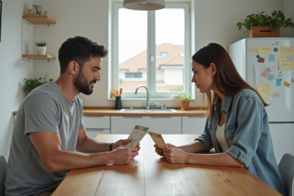 Un couple discute de leurs factures dans la cuisine moderne