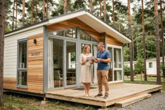 Couple examinant un mobil-home moderne de qualité dans un camping entouré de pins, idéal pour un investissement locatif