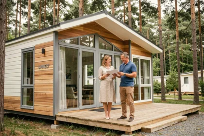 Couple examinant un mobil-home moderne de qualité dans un camping entouré de pins, idéal pour un investissement locatif