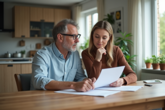 Couple moyenâgeux lisant des documents de prêt immobilier