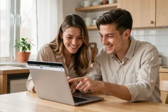 Couple parcourant ensemble une liste de mariage en ligne sur un ordinateur portable dans une cuisine moderne et cosy