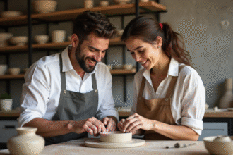 Couple en atelier de poterie à Paris avec céramiques