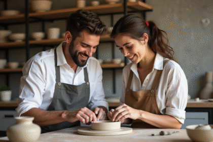Couple en atelier de poterie à Paris avec céramiques
