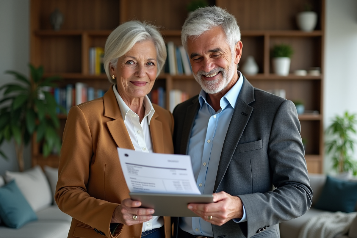 Un couple consulte une facture numérique sur une tablette dans le salon