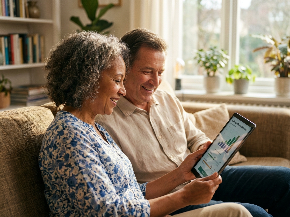 Couple de retraités consultant ensemble une calculette d'épargne retraite sur une tablette dans leur salon
