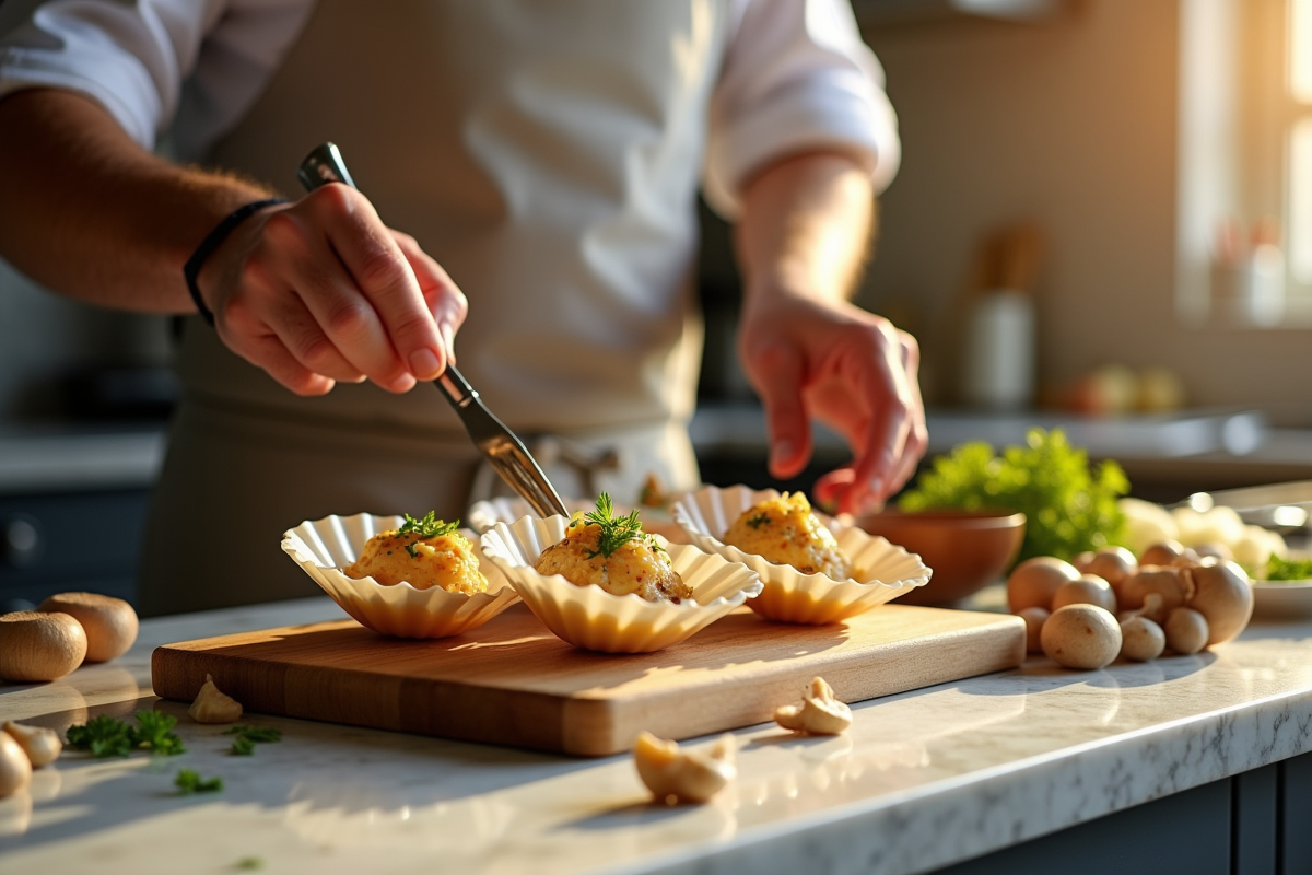 Chef préparant des coquilles SaintJacques dans une cuisine chaleureuse