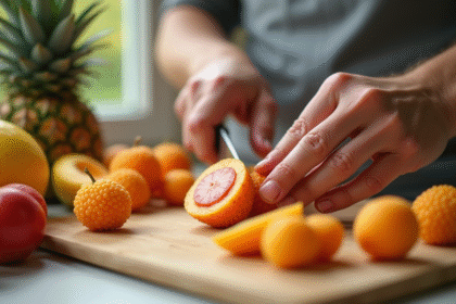 Cuisine avec fruits tropicaux et mains coupant lychee