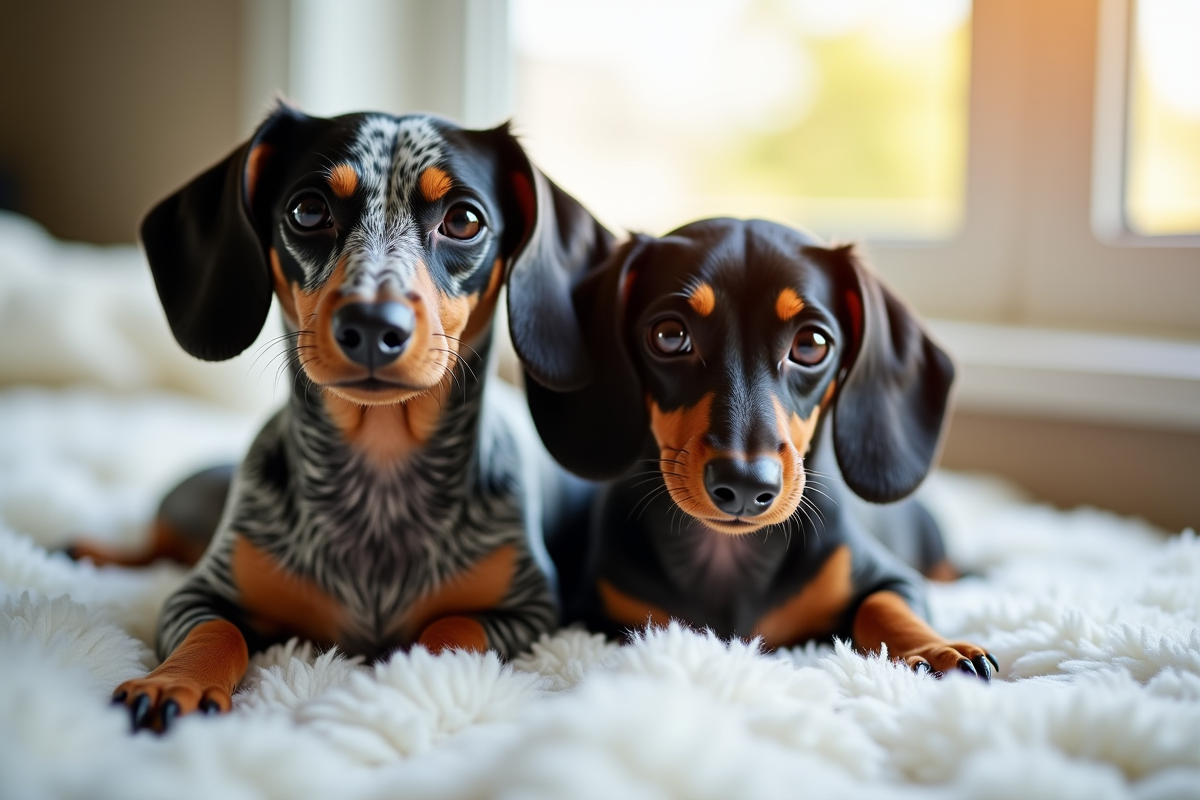 Deux chiens dachshund dapple adultes sur une couverture blanche