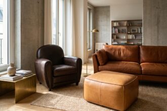 Salon contemporain avec canapé en cuir cognac, fauteuil chocolat et pouf beige harmonisés malgré leurs teintes différentes